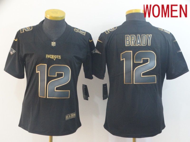 Women New England Patriots #12 Brady Nike Vapor Limited Black Golden NFL Jerseys->women nfl jersey->Women Jersey